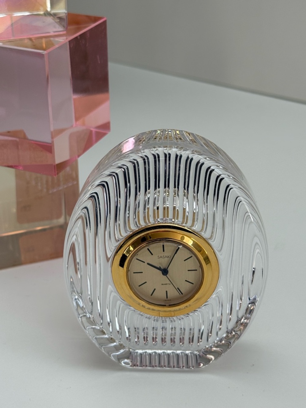 Vintage Sasaki Clear Crystal Quartz Desk Clock with Gold Accents